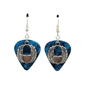 Heart with Wings Charm on Guitar Pick Earrings - Choose Color - Handmade in USA